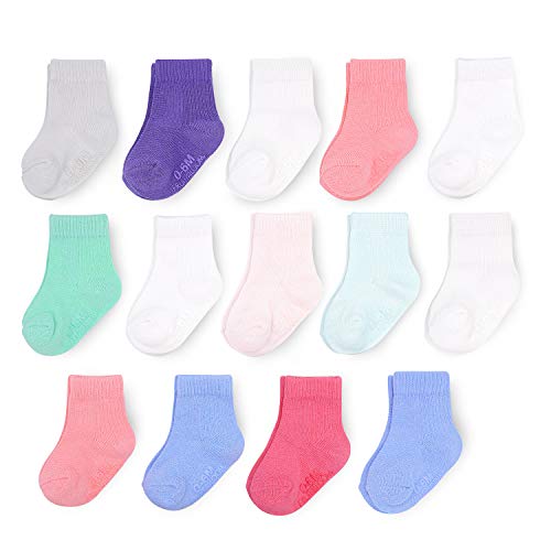 Fruit of the Loom Baby 14-Pack Grow & Fit Flex Zones Cotton Stretch Socks - Unisex, Girls, Boys (0-6 Months, Pink)