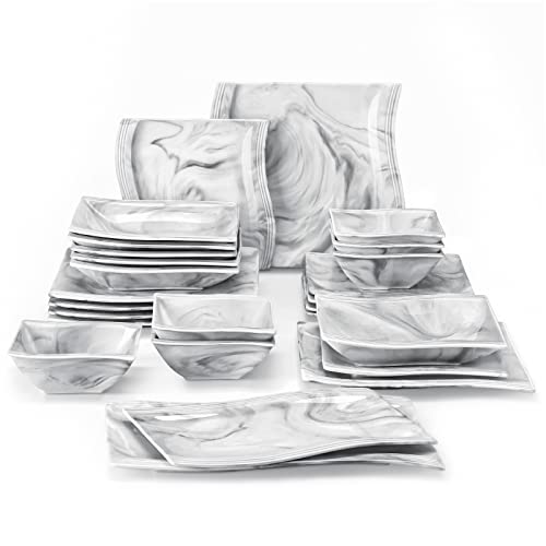 MALACASA Square Dinnerware Sets, 26-Piece Marble Grey Plates and Bowls Sets, Porcelain Dinner Set Microwave Safe, Kitchen Dinnerware Plates Set, Dishes and Bowls, Dish Set for 6, Series Flora