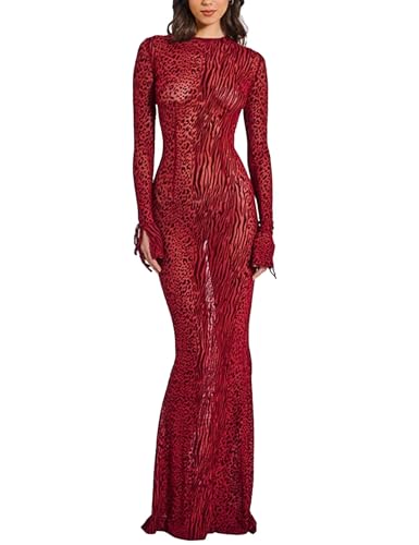 Women's Sexy Long Sleeve Leopard Print Bodycon Dress Round Neck Mesh Printed See Through Party Midi Dresses(Red-S)