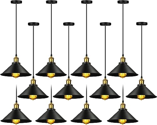 Retisee 12 Pcs Industrial Pendant Light Vintage Metal E26 Base Hanging Light Rustic Black Dome Pendant Lamp Fixture Farmhouse Kitchen Hanging Ceiling Lamp for Dining Room Bedroom Hallway Bar