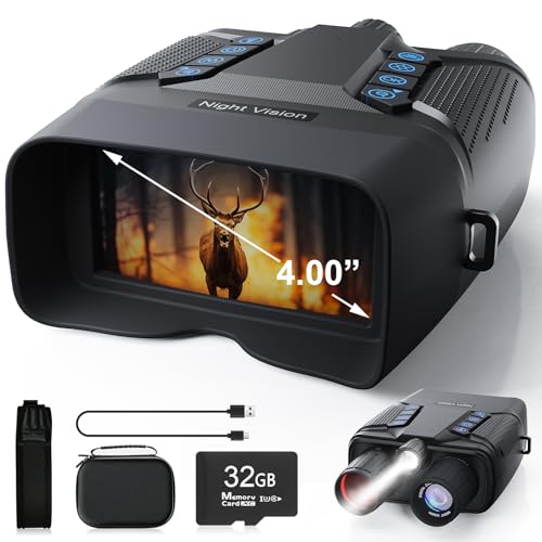 Night Vision Goggles, Night Vision Binoculars for Adult, 4.0” Screen, 4K UHD Video & 40MP Image, 8X Digital Zoom, 32GB Card, 2000FT Infrared Binoculars with Tactical Light for Camping Hunting