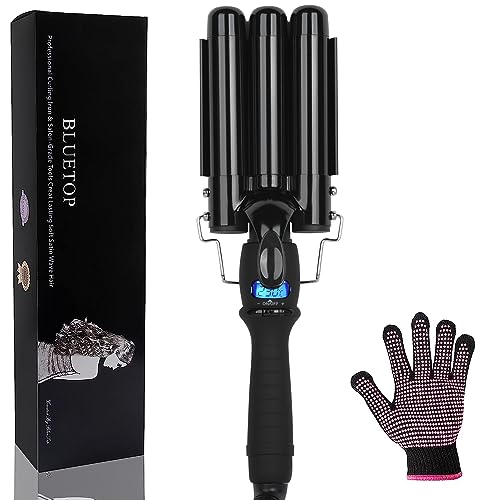 Three Barrel Curling Iron Professional Hair Waver, Ceramic Hair Curler Adjustable Temp Triple Barrel Crimper Hair Tool with LCD Display, Hair Iron Dual Voltage Wave Wand Fast Heating Iron Wavy Hair