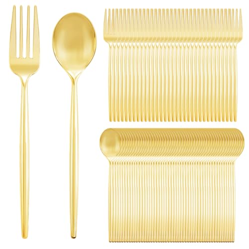 SUT 200PCS Gold Plastic Forks and Spoons Heavy Duty Set, Gold Disposable Silverware, Gold Cutlery, Gold Disposable Utensils, Plastic Flatware Includes 100 Forks, 100 Spoons for Party