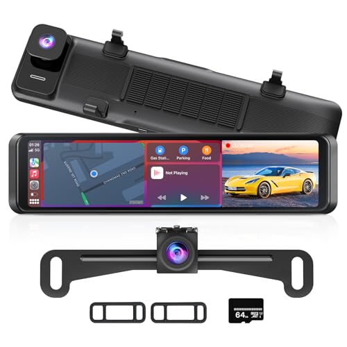 4K Rear View Mirror Camera with Carplay & Android Auto: 11.26" Smart Touch Screen Mirror Dash Cam Front and Rear with Voice Control, Parking Monitor, Reverse Assist for Car Truck SUV Van (64GB Card)