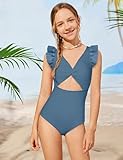 ADIRUN Bathing Suit for Girls 10-12 Girl Swimsuit Cut Out Ruffle One Piece Swimsuit Twist V Neck Girls' Swimwear with Cover Up Skirt Solid Color Dark Blue 11-12 Years