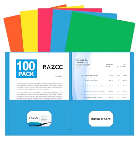 Two Pocket Folders, RAZCC 100 Pack File Folders with Pockets Fit Letter Size Paper, Thick Paper File Folder for School Office Business Home, Assorted 5 Colors