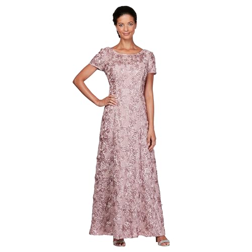 Alex Evenings Women's Long Rosette Mother of The Bride Dress with Short Sleeves, Wedding Guest (Petite and Regular Sizes), Rose, 10