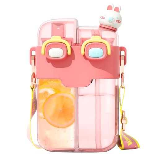 monoan Cute Water Bottle for Girls, 26oz Kawaii Water Bottle with Compartment, Kids Bottles with Straw and Strap, BPA-Free, Leak-Proof Plastic Drinking Cup, Gift for Kids & Girls (Pink)