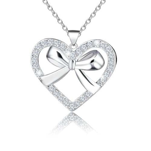 GIWENLYN Sterling Sliver Adjustable Heart Bow Pendant Necklace for Women Hypoallergenic Cubic Zirconia Elegant Love Heart-Shaped Pendant Necklace for Sensitive Skin