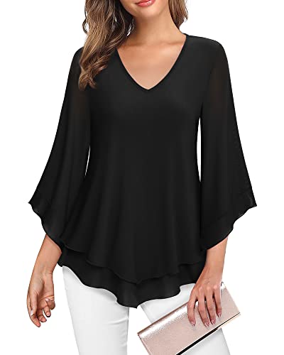 Lotusmile Womens Blouses and Tops Dressy, Overlay Mesh Black Tunic Tops for Women Business Casual Outfits for Work Long 3/4 Bell Sleeve Blouse Hide Belly Tops Maternity Tops for Pregnant Women, Large