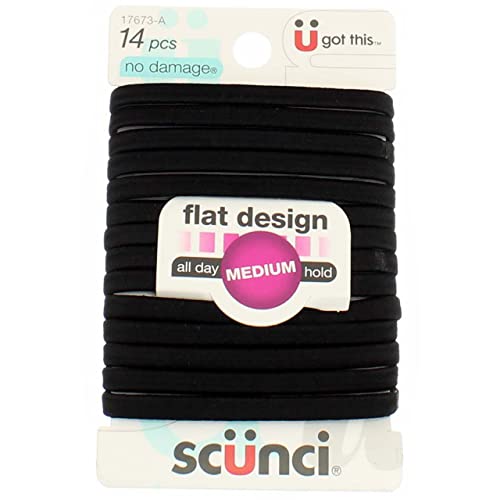 Scunci No-Damage Comfortable Black Hair Ties, Flat Design All-Day Hold, 14-Pieces per Pack (3-Packs)