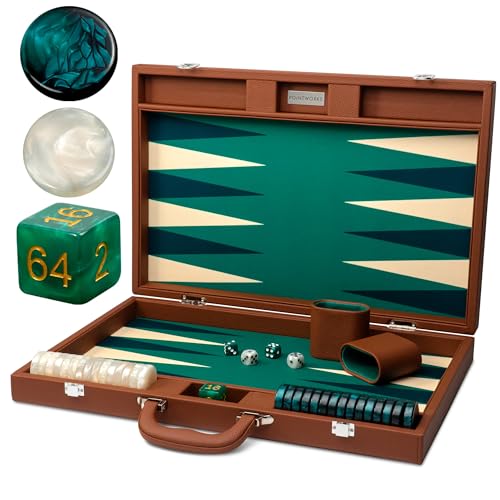 Pointworks 19 Inch Premium Backgammon Sets for Adults Leather Brown - Green. Premium 1.6 Inch Checkers & Dice Set, Travel Backgammon Set, Large, Backgammon Board Game, Backgammon Game Set