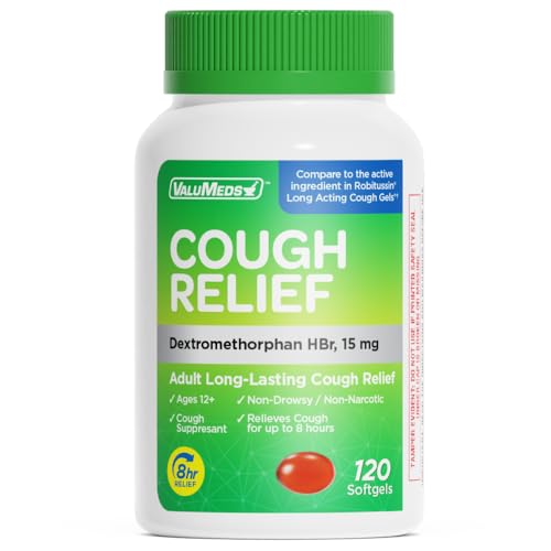 ValuMeds Cough Relief for Adults 120 Softgels Dextromethorphan HBr (DXM) 15mg 8Hour, Non-Drowsy, Long-Lasting Bronchial Suppressant for Dry Cough and Chest Congestion