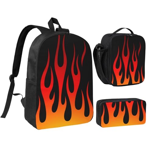 Urteas Retro Traditional Hot Rod Flames 3-Piece Backpack Set – Lightweight backpack, Insulated Lunch Bag & Pencil Case, Durable Oxford for Travel/Work