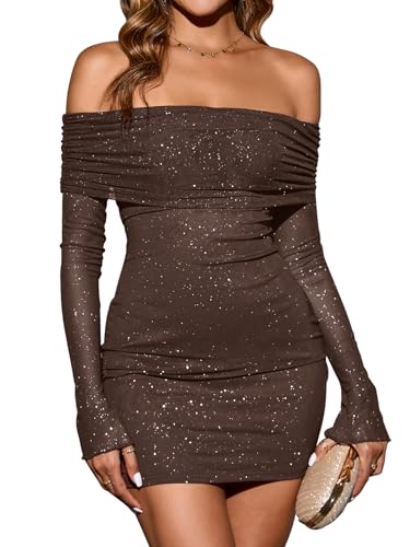 KUTUMAI Women Sexy Long Sleeve Mini Dress Off Shoulder Bodyocn Party Going Out Dresses for Formal Wedding Guest Brown Sequin S
