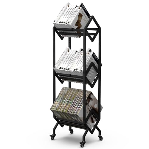 VENNQD Bookshelf Book Cart Rack Industrial Metal Bookcase 3 Tier Holder with Wheels Modern Stylish Design Magazines Files Album Recipe Book Storage Organizer for Sofa End Bed Beside (3 Tier)