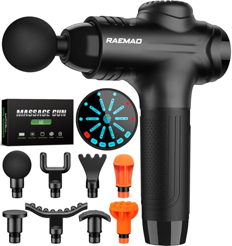 RAEMAO Massage Gun, Handheld Electric Deep Tissue Back Massager for Athletes for Pain Relief Attaching 8 Replacement Heads, Percussion Massager with 10 Speeds, Black