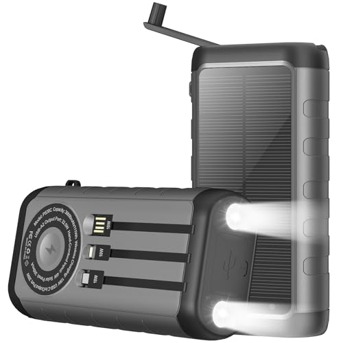 Solar Charger, 59800mAh Portable Power Bank for All Phones, Outdoor Waterproof Battery Pack Built in Hand Crank, 15W Wireless Charger 6 Outputs & 3 Inputs/LED Flashlights, Perfect for Camping Travel