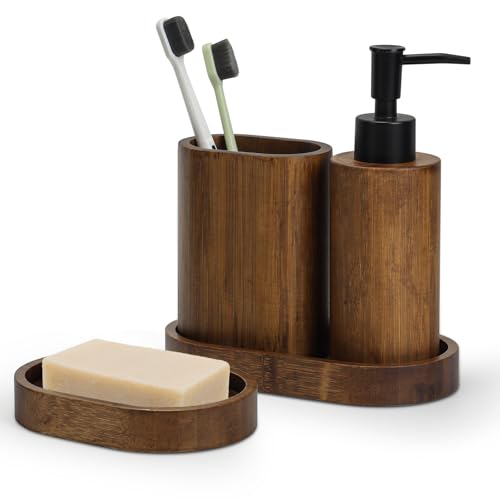 Asashizen Bathroom Accessory Set, 4 Pieces, Carbonized Bamboo, Soap Dish, Soap Dispenser, Tray, Mouthwash Cup, Handmade, Moisture-Proof, Japanese Style, As Show, ZZTT-003