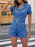 PLNOTME Women's Summer Denim Rompers Zip Up Belted Short Jeans Jumpsuits with Pockets