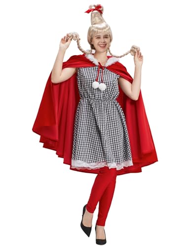 Togake Who Lou Costume for Adult Women Girls Christmas Dress with Blonde Wig Cosplay Party Suit Outfit Red Cape L/XL