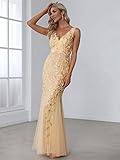 Women's V-Neck Embroidered Lace Floor Length Mermaid Cocktail Dress Gold US20