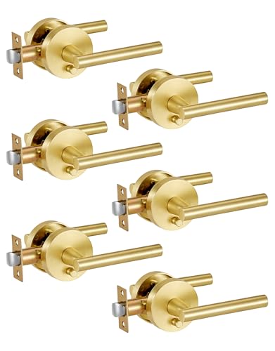 Lethato 6 Packs Gold Interior Door Handle, Brushed Gold Door Handles Interior, Heavy Duty Interior Bedroom Lever Door Handle for Bathroom