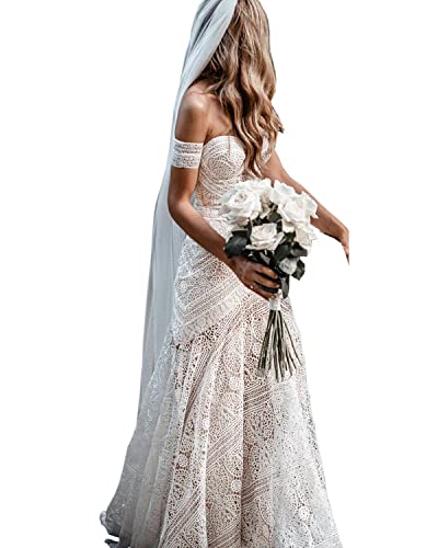 LIPOSA Bohemian Lace Wedding Dresses for Women Sweetheart Cuff Sleeves Long Sheath Beach Bridal Gowns Long (US2, Nude Lining)