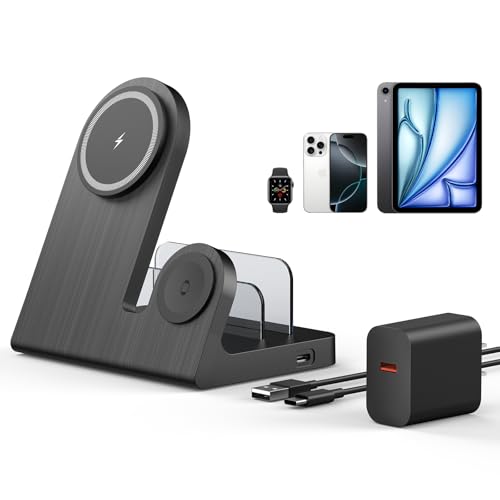 P1euusy Wireless Mag-Safe Charger for iPhone: 3-in-1 Charging Station for Multiple Devices Apple - 18W Charging Stand for iPhone 16 15 14 13 12 Pro Max Plus Apple Watch iPad Airpods 3/Pro 2nd