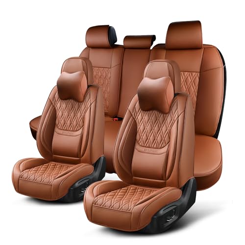 TINRAIYANG Car Seat Covers Full Set, Breathable Leather Automotive Front and Rear Seat Covers & Headrest, Universal Automotive Vehicle Seat Cover for Most Sedan SUV Pick-up Trucks, Brown