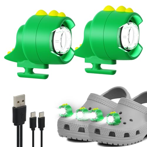 Rechargeable Shoe Charm Lights 2pcs, Cute Dinosaur Headlights for Croc Style Shoes, IPX5 Shoe Flashlights with 3 Lighting Modes, Charm Accessories Headlamps for Camping Dog Walking,Hiking for kids