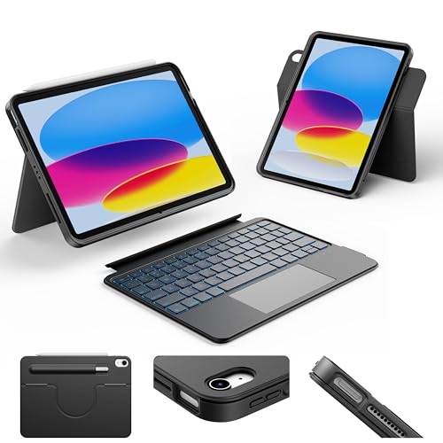 HOU iPad A16 11th/10th Generation Case with Keyboard, Rotatable & Detachable Keyboard Case for iPad 11/10, Elastic Pen Holder, Full Protection Cover, 7-Colors Backlight, Multi-Touch Trackpad