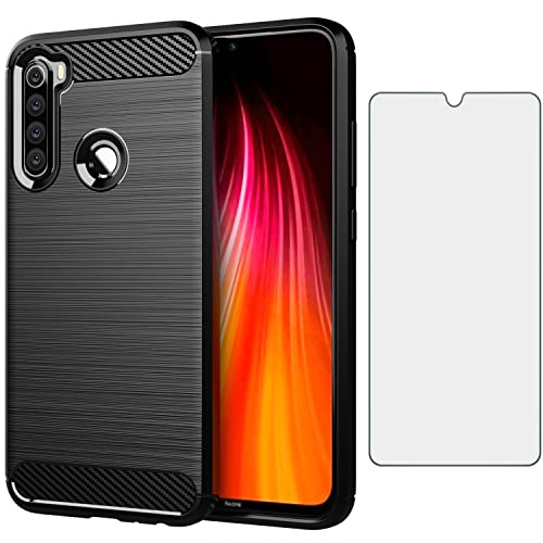 Asuwish Phone Case for Xiaomi Redmi Note 8 with Tempered Glass Screen Protector Cover and Cell Accessories Slim Thin Soft TPU Silicone Rubber Protective Redme Note8 Women Men Carbon Fiber Navy Black