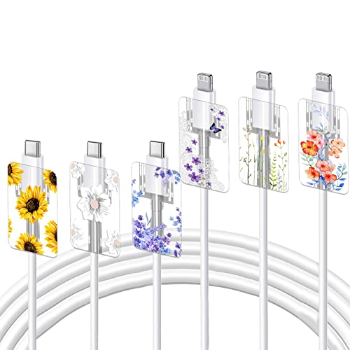 Cute Floral Cable Protector for iPhone Charger Lavender Camellia Sunflower Flower Bouquet Lace Cherry Blossom Pattern 6 pcs Set Cable Protector for iPhone,Charging Cord Protector,Charger Saver