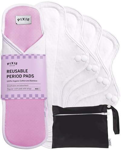 Pixie Cotton Cloth Pads - 100% Organic Reusable Cotton -Ranked 1 for Softest Menstrual Sanitary Napkins - Machine Washable & Includes Free Wet Bag - Menstrual Liner (Regular)