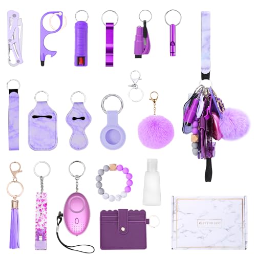 AMIR Safety Keychain Set for Women, Wristlet Strap Keychain with Personal Alarm and Pom Pom Accessories Kit, Gifts for Women and Girls (Purple)