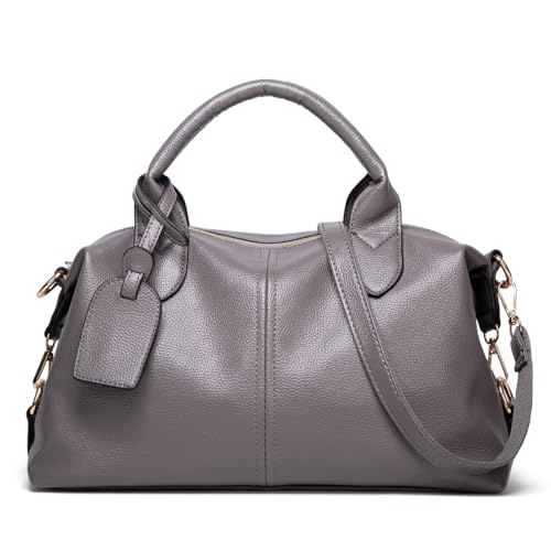 Leather Hobo Handbag with Shoulder Strap, Top Handle Satchel Purse, Available in Black, red, pink, blue, gray (Gray)