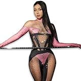 Yoyomomozi Sexy Rhinestones Jumpsuits Women Nightclub Print Leotard Dance Costume Birthday Party Pole Singer Drag Queen Stage Spandex (Pink)