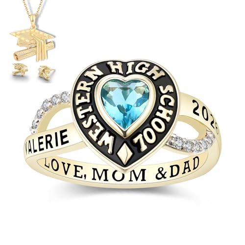 Customized Sterling Silver Women High School and College Class Ring – HeartStone Collection – Fully Personalized - Mementos Jewelry (Sterling Silver Gold Plated)