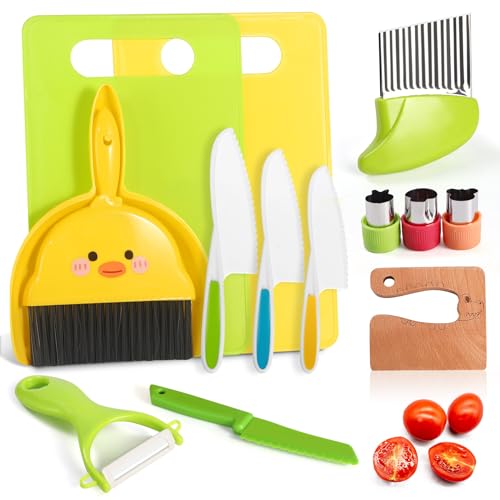 14 Piece Montessori Kids Knife Set for Real Cooking - Safe Plastic & Wooden Kitchen Tool Gift for Toddler Age 2-9 | Learning Toy with Crinkle / Sandwich Cutter & Cutting Board, Birthday