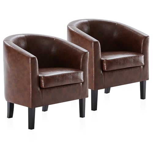 BELLEZE Living Room Chairs Set of 2, Faux Leather Round Accent Barrel Chairs, Club Tub Sofa Chairs for Bedroom, Corner Chairs with Flared Legs and Cozy Soft Padding - Highland (Caramel)