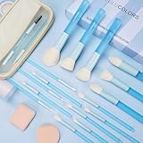 LULUCOLORS 18-Piece Light Blue Professional Makeup Brush Set – Translucent Rubberized Handles, Soft Synthetic Bristles for Face & Eye Makeup – Includes Travel Bag & Sponges,Complete Brush Collection