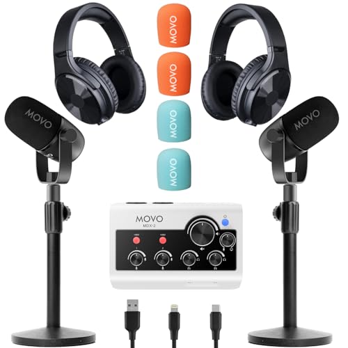 Movo Portable Podcast Equipment Bundle for iPhone/Android Phones- Podcast Kit with Audio Interface, 2 CastMic Dynamic Mics, 2 Table Stands - For Smartphones, Computers, PC, Mac - Lightning, USB, USB-C