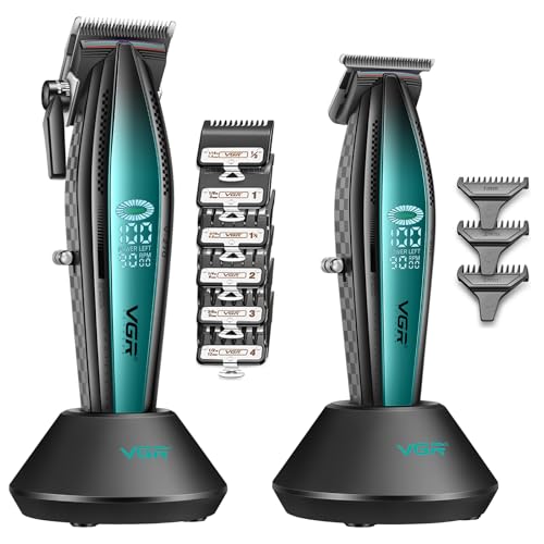 VGR Professional Barber Clippers Kit 9000 RPM Hair Clippers with Ceramic Blade & LED Display, Zero-Gapped T-Blade Hair Trimmer for Precise Styling, Metal Body, 240-Minute Run Time, USB Charging Base