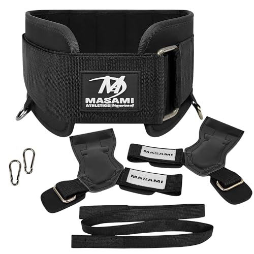Masami Athletics 2-in-1 Weight Lifting Belt with Gloves - Self-Locking Weightlifting & Dip Set Belt with Rope & Gloves - Multi-Functional Belt for Lifting, Squats, Dips
