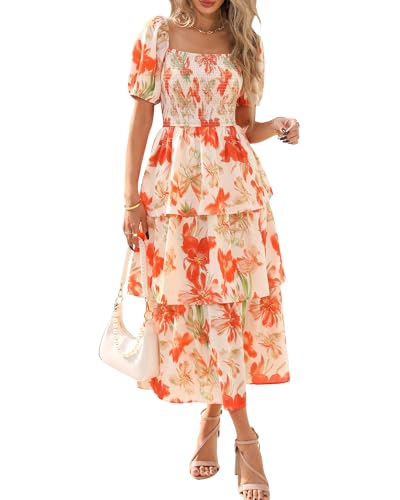 BTFBM Womens Square Neck Smocked Dress Summer Puff Short Sleeve Floral Casual Ruffle Tiered Maxi Wedding Guest Dresses(Floral Apricot Orange, Small)
