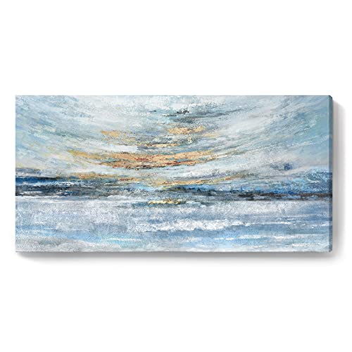 Abstract Wall Art for Living Room Large Framed Light Blue Canvas Print Coastal Theme Artwork Modern Ocean Skyline and Sunset & Sunrise in the Seaside Painting for Home Bedroom Décor 48x24inch