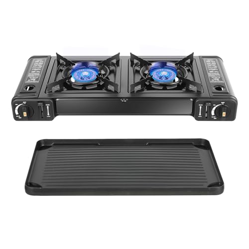 Double Burner Butane Stove, Butane Camping Stove Kit with Baking Pan and Carrying Case, Portable Auto Ignition Camping Burner LPG for RV, Apartments, Outdoor