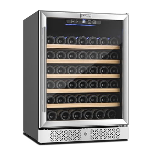 Empava 24 inch Wine Cooler Refrigerator 52 Bottles Single Zone, Built in or Freestanding Drink Fridge Chiller with Glass Door for Home Office Bar, Stainless Steel
