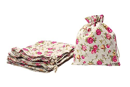 Mandala Crafts 8X10 Inch Rose Burlap Drawstring Gift Bags for Favors - 20 Large Floral Linen Sacks Gift Pouches for Candy, Coffee, Jewelry, Wedding, and Party Supplies